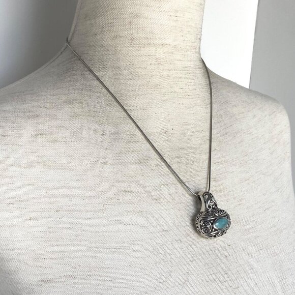 Sterling Silver 925 Chunky Bali Style Scrollwork Turquoise Pendant Necklace 18" - Picture 15 of 16